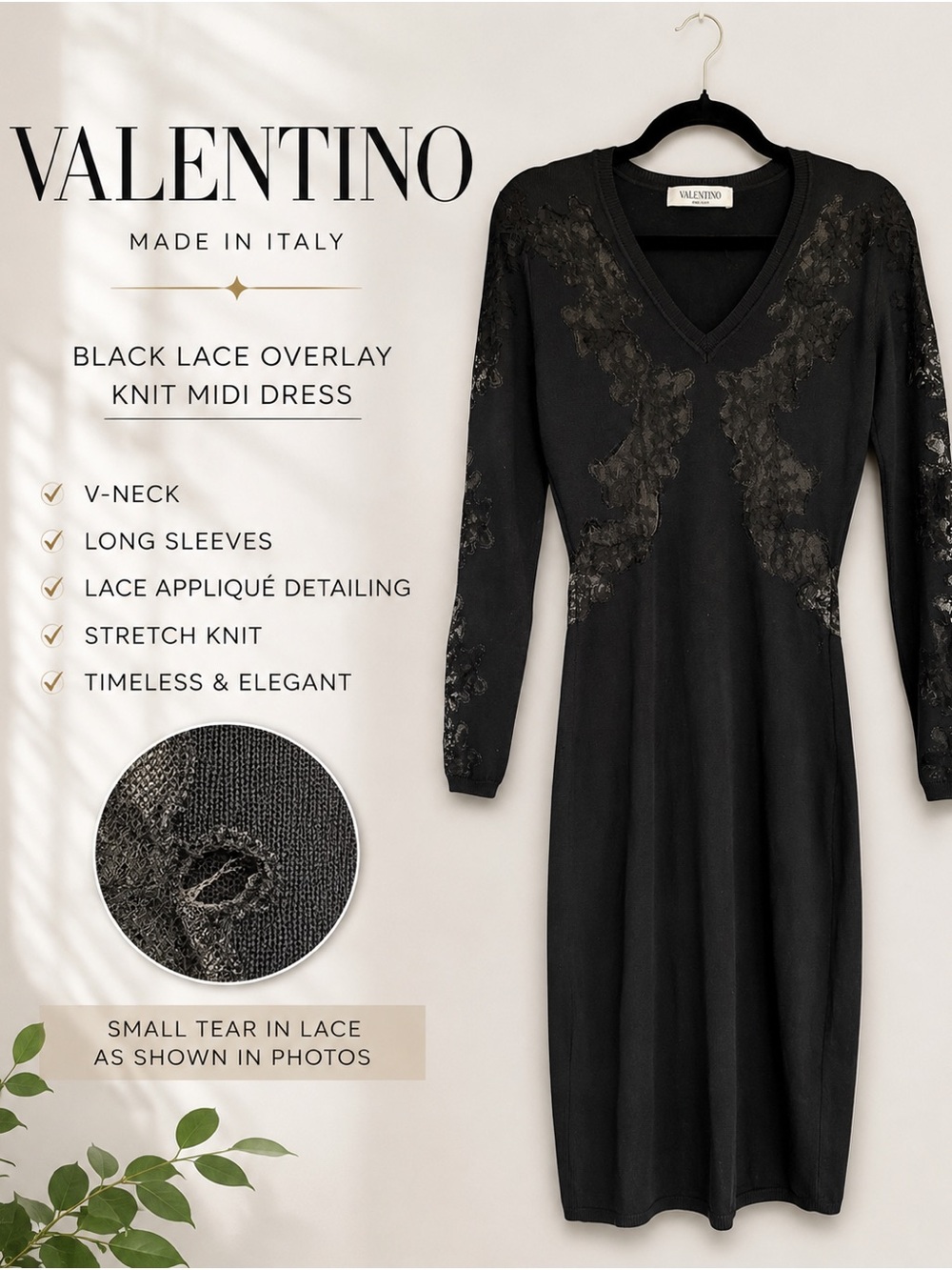 Valentino Black Lace Overlay Knit Midi Dress Made in Italy LuxeSize Small